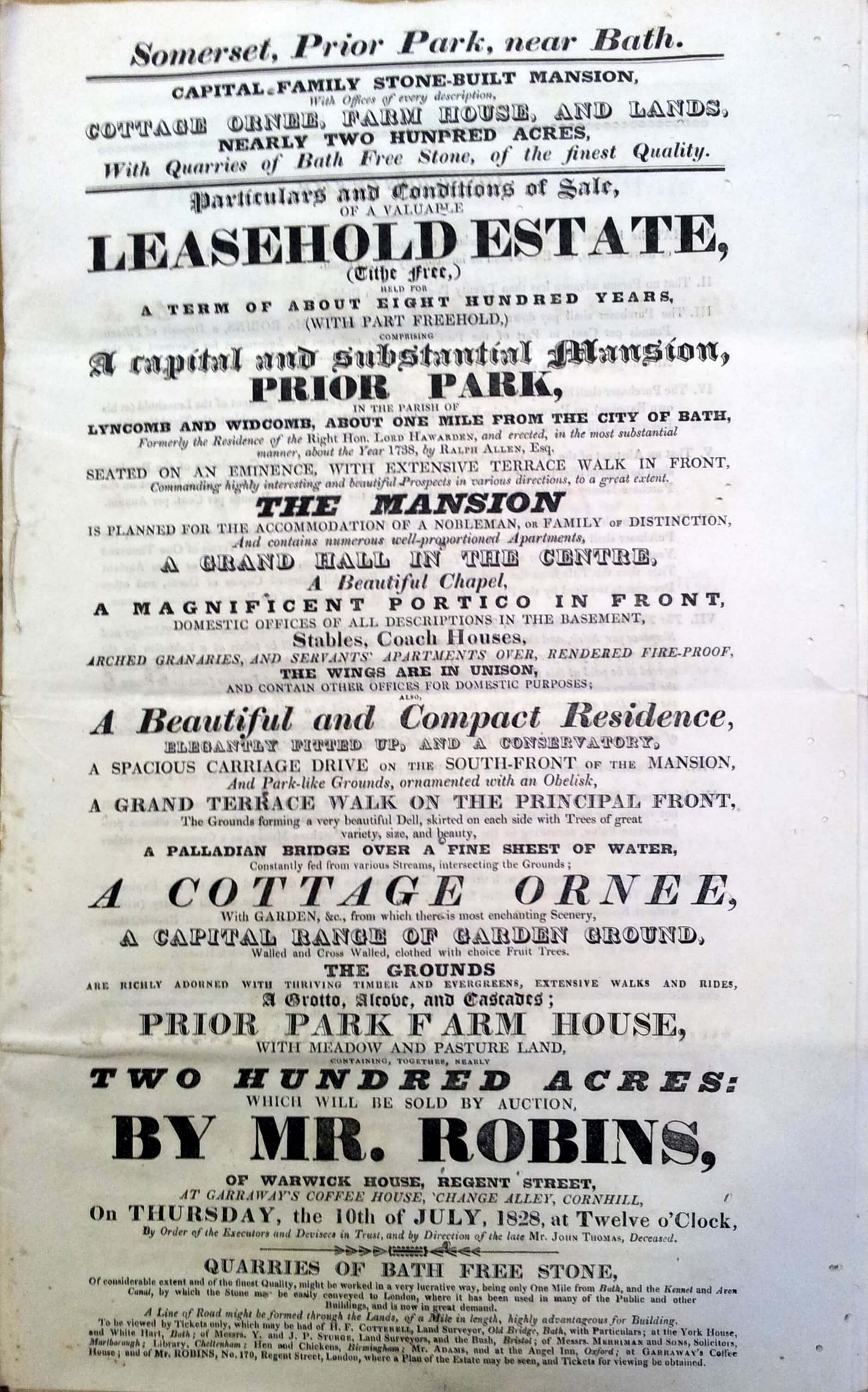 Sale of Prior Park, 10 July 1828