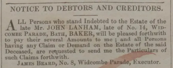John Lanham death and debtors or creditors - Bath Chronicle and Weekly Gazette - Thursday 9 April 1846