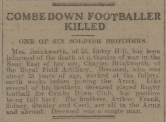 Combe Down footballer killed - Bath Chronicle and Weekly Gazette - Saturday 10 March 1917