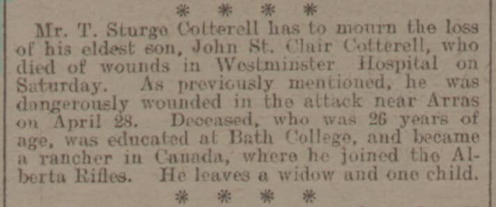 death of john st clair cotterrell bath chronicle and weekly gazette saturday 19 may 1917
