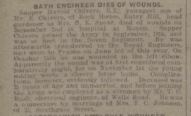 Harold Chivers dies of wounds - Bath Chronicle and Weekly Gazette - Saturday 10 November 1917