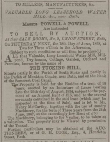 Tucking Mill for sale - Bath Chronicle and Weekly Gazette - Thursday 11 June 1868