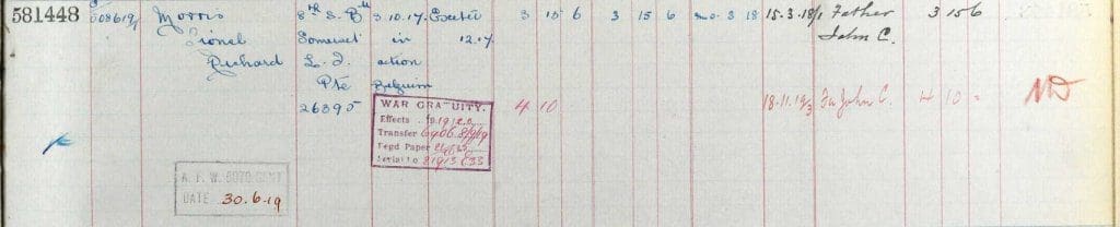 UK, Army Registers of Soldiers' Effects, 1901-1929 for Lionel Richard Morris