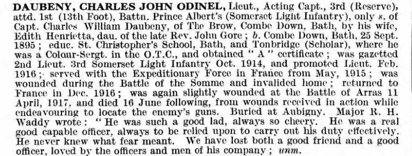 UK, De Ruvigny's Roll of Honour, 1914-1919 for Charles John Odinel Daubeny