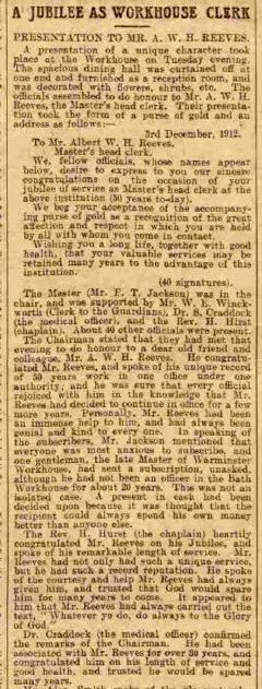 Albert W H Reeves, Crossways House - Bath Chronicle and Weekly Gazette - Saturday 21 December 1912