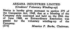 Arkana Industries winding up - The London Gazette, 7 July 1968