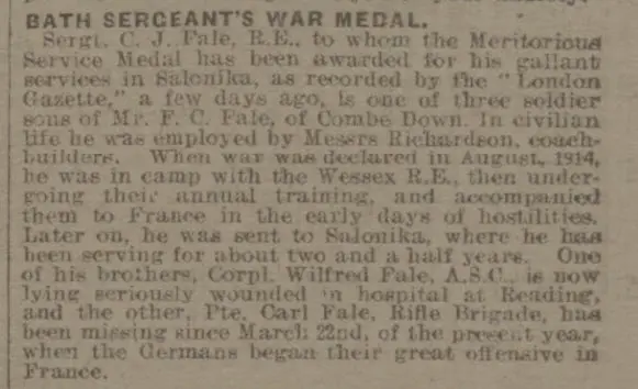 Bath Sergeant's war medal - Bath Chronicle and Weekly Gazette - Saturday 29 June 1918