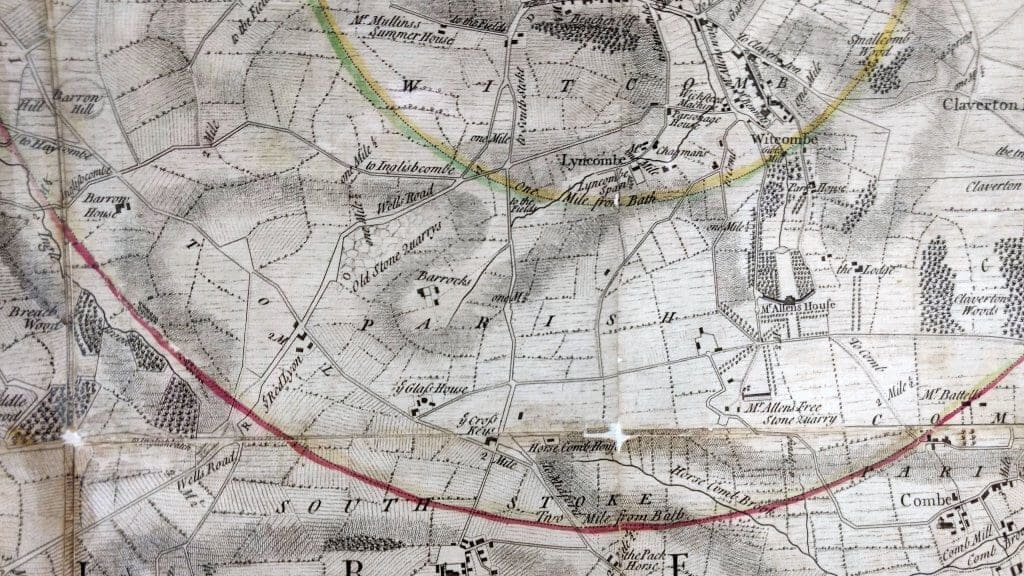 Detail of Thorpe's map of 1742 showing road layouts to the South of Bath