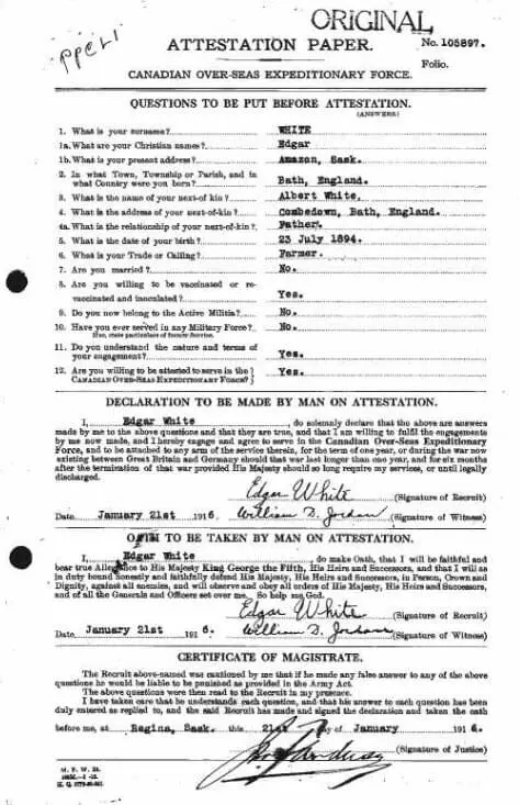 Edgar George Leslie White - Canada, WWI CEF Attestation Papers, 1914-1918