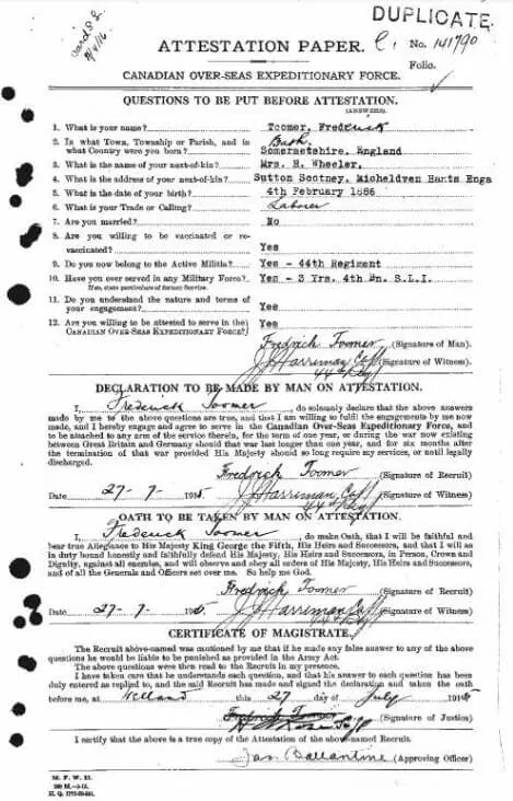 Frederick Toomer - Canada, WWI CEF Attestation Papers, 1914-1918