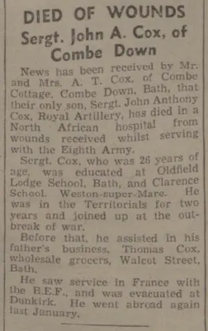 John A Cox dies of wounds - Bath Chronicle and Weekly Gazette - Saturday 4 December 1943