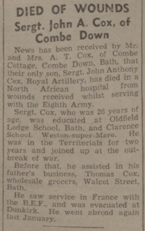 John A Cox dies of wounds - Bath Chronicle and Weekly Gazette - Saturday 4 December 1943