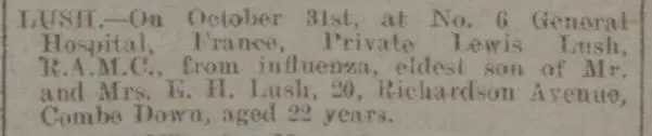Lewis Lush death notice - Bath Chronicle and Weekly Gazette - Saturday 9 November 1918