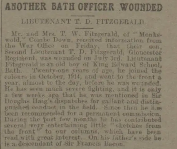 Tom Fitzgerald wounded - Bath Chronicle and Weekly Gazette - Saturday 8 July 1916