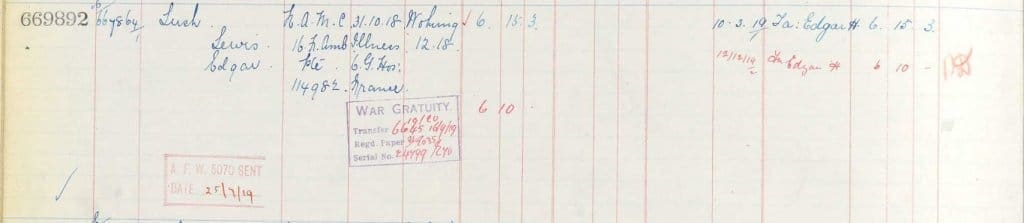 UK, Army Registers of Soldiers' Effects, 1901-1929 for Lewis Edgar Lush