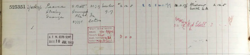 UK, Army Registers of Soldiers' Effects, 1901-1929 for Stanley George Pearce