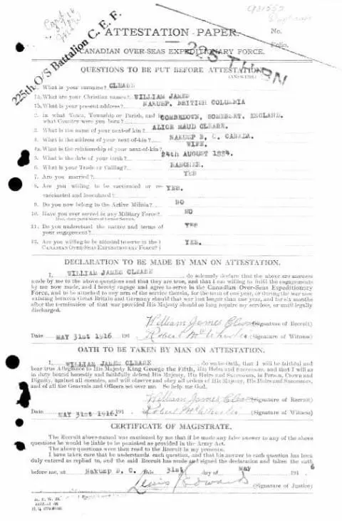 William James Clease - Canada, WWI CEF Attestation Papers, 1914-1918