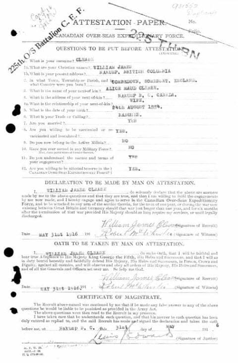 william james clease canada wwi cef attestation papers 1914 1918
