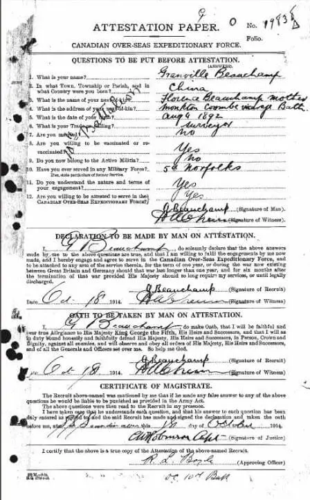 Granville Beauchamp - Canada, WWI CEF Attestation Papers, 1914-1918