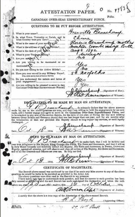 granville beauchamp canada wwi cef attestation papers 1914 1918