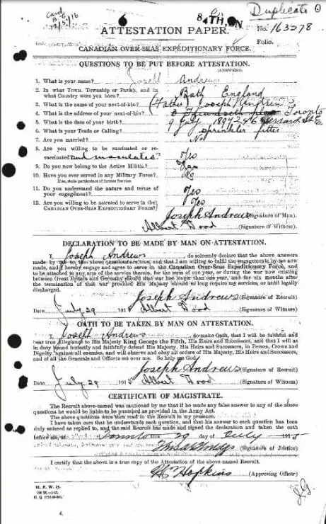Joseph William Andrews - Canada, WWI CEF Attestation Papers, 1914-1918