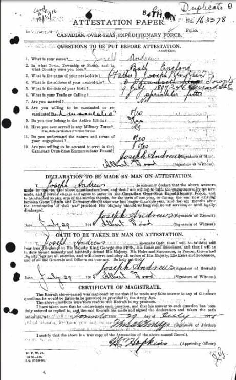 joseph william andrews canada wwi cef attestation papers 1914 1918