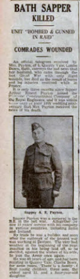 Sapper Arthur Ernest Payton of Quarry Vale, Combe Down - Bath Chronicle and Weekly Gazette - Saturday 25 May 1940