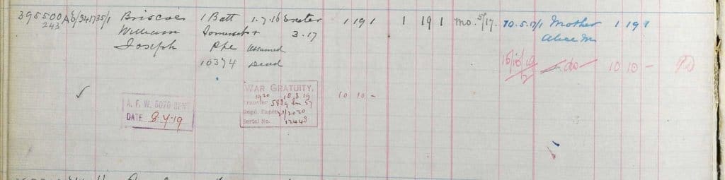 uk army registers of soldiers effects 1901 1929 for william joseph briscoe 1024x255