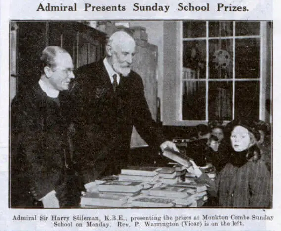 Admiral Sir Harry Stileman, K.B.E. presenting the prizes at Monkton Combe Sunday School. Rev. P. Warrington is on left.  - Bath Chronicle and Weekly Gazette - Saturday 7 November 1925