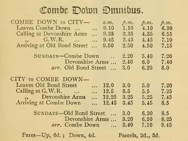 Combe Down omnibus timetable from The Bijou Guide to Bath, 1890