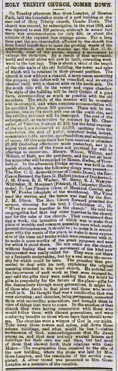 Holy Trinity Church, Combe Down - Bath Chronicle and Weekly Gazette - Wednesday 8 August 1883