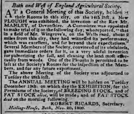 benjamin wingrove bath west of england agricultural society bath chronicle and weekly gazette thursday 23 november 1809