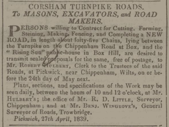 Benjamin Wingrove Corsham turnpikes notice - Bath Chronicle and Weekly Gazette - Thursday 23 May 1839