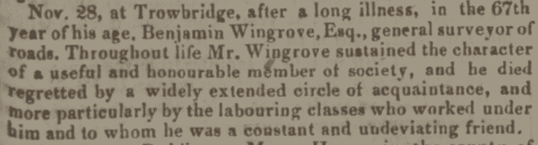 Benjamin Wingrove obituary - Bath Chronicle and Weekly Gazette - Thursday 10 December 1840