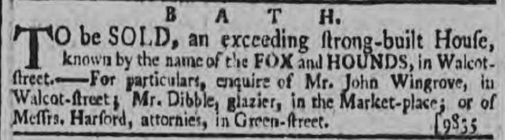 John Wingrove, Fox and Hounds - Bath Chronicle and Weekly Gazette - Thursday 6 December 1787