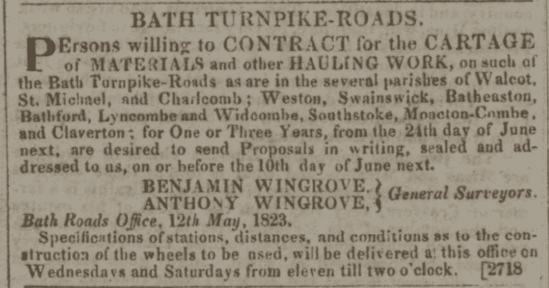 Wingrove roads notice - Bath Chronicle and Weekly Gazette - Thursday 15 May 1823