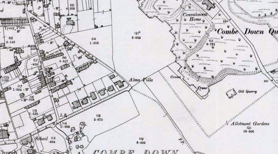 Detail from OS map, Combe Down revised 1902 published 1904, showing Upper Lawn Quarry allotments