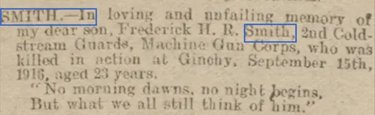 Frederick H R Smith, Bath Chronicle Sep 20  1919, Memoriam Section