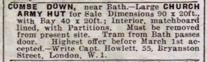 Church Army hut for sale, Combe Down - Bath Chronicle and Weekly Gazette - Saturday 2 February 1929